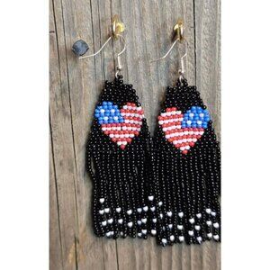 Handmade Beaded Heart Flag Drop Dangle Earrings, Black Statement Earrings, 3 In
